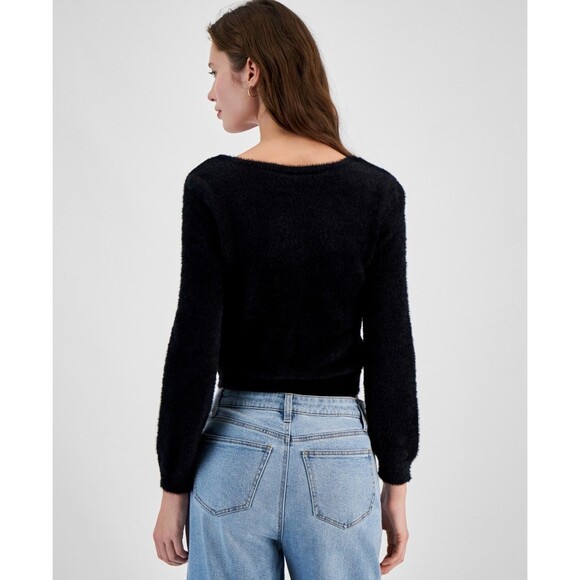 Planet Heart Juniors' Rhinestone-Button Fuzzy Eyelash Cardigan Sweater, Black, L - Picture 2 of 3